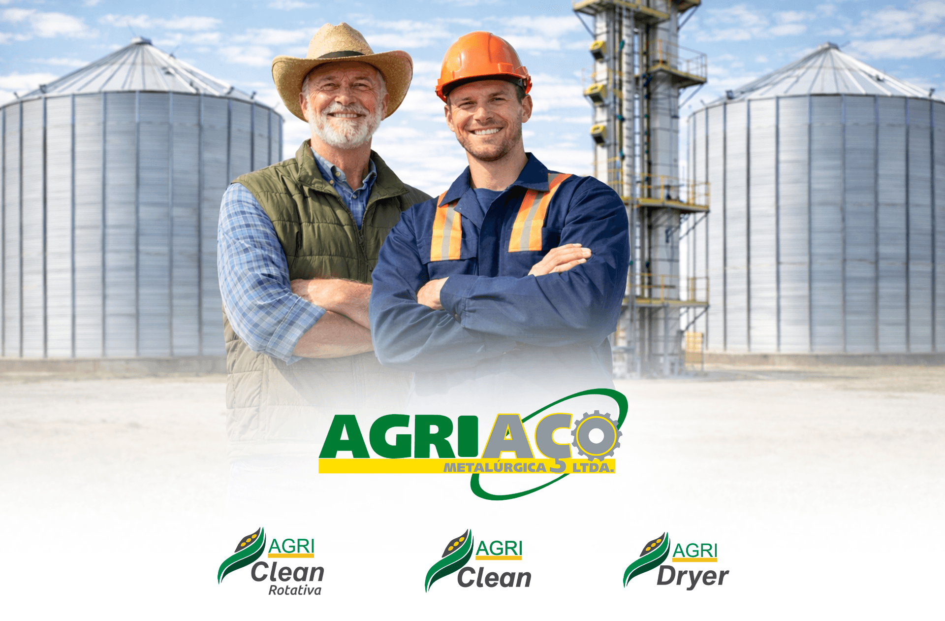 Equipe Agriaço em frente aos silos e à linha de produtos Agri Clean e Agri Dryer