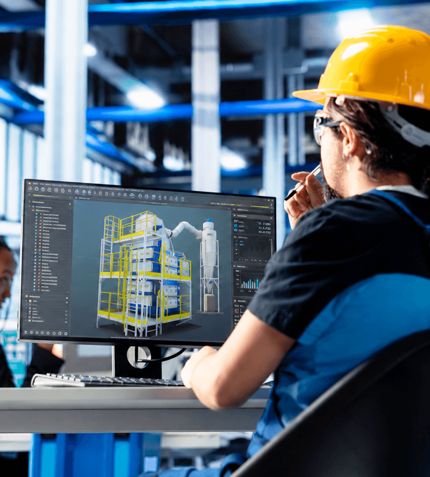 Engenheiro da Agriaço analisando o modelo 3D de uma planta industrial em software CAD