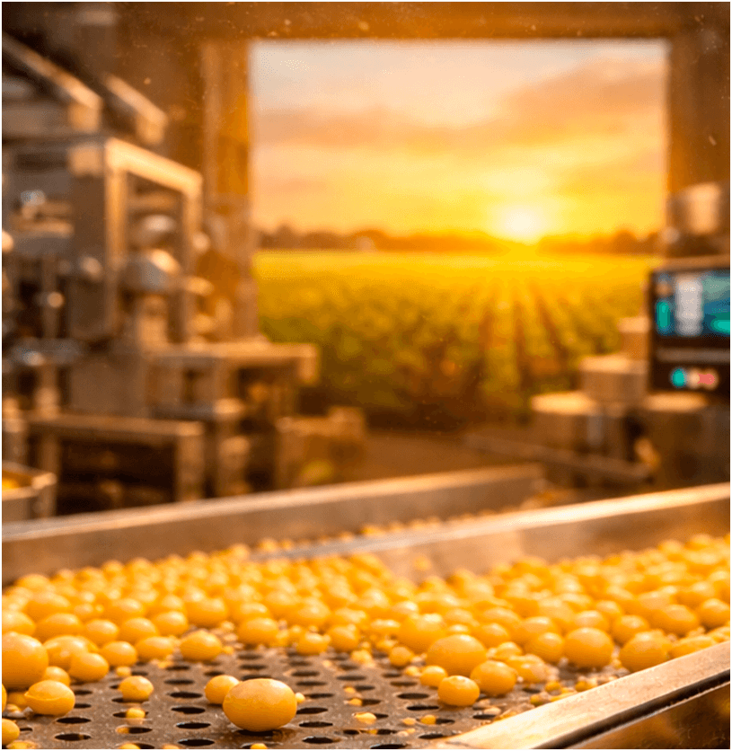 Grãos sendo processados em equipamento Agriaço, ao fundo uma lavoura ao pôr do sol