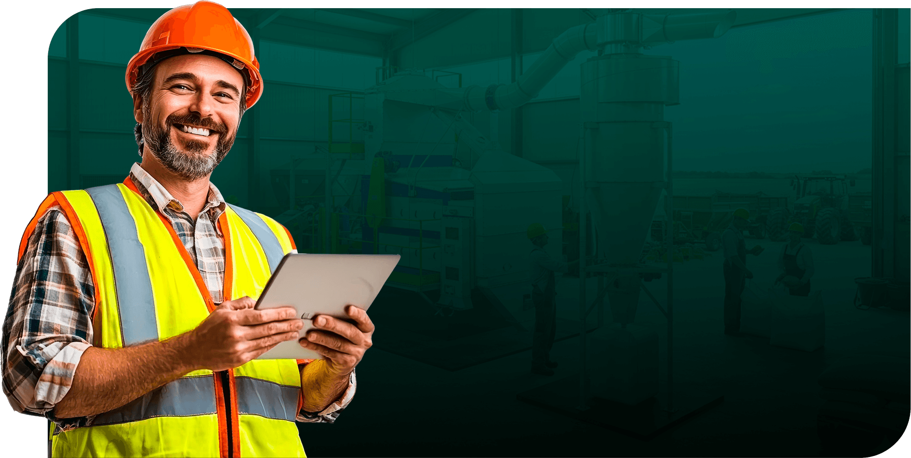 Especialista da Agriaço com tablet no ambiente industrial