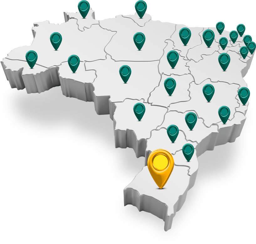 Mapa do Brasil com a atuação da Agriaço: sede em Condor (RS) e presença comercial em diversos estados